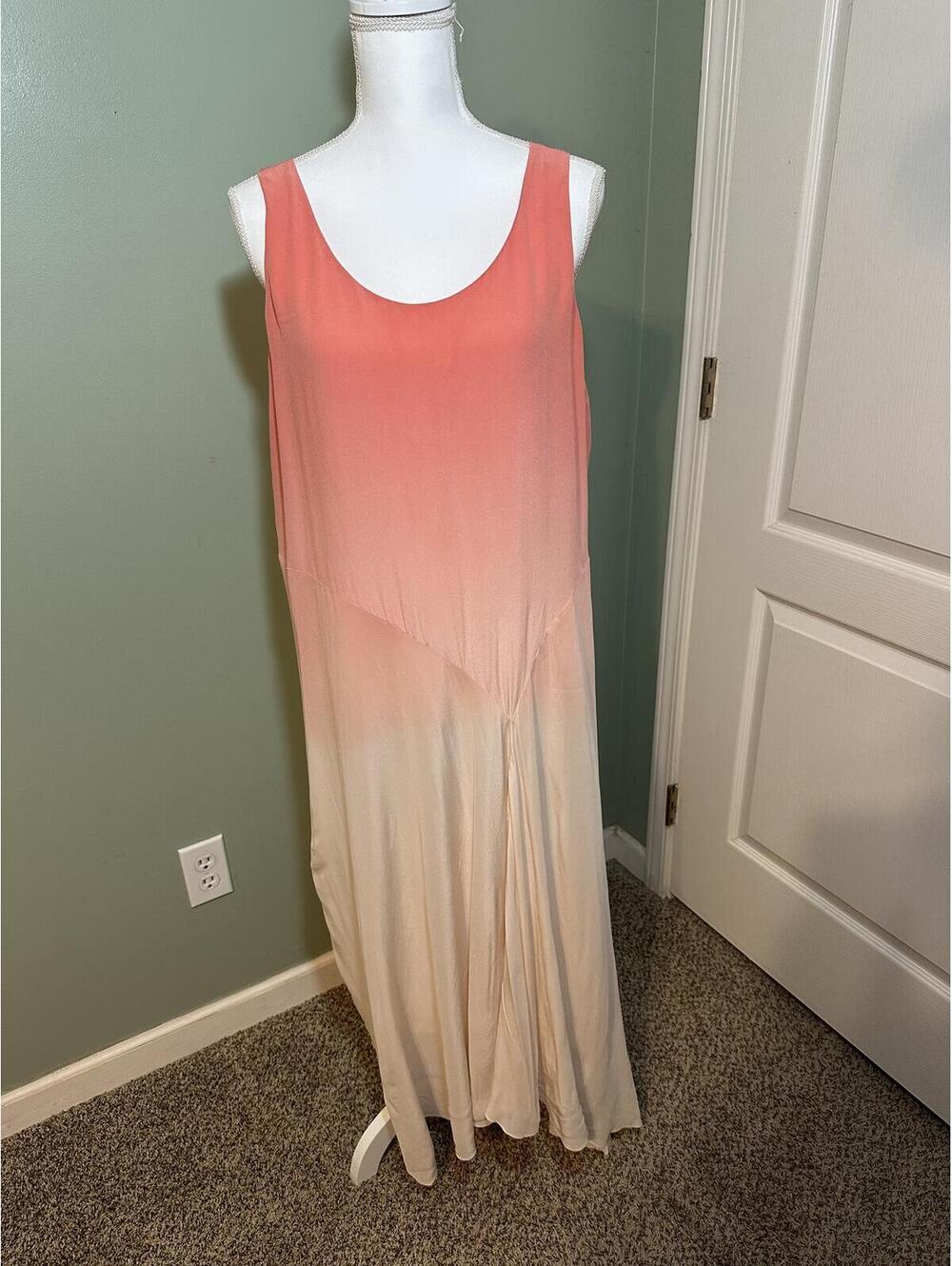 NWT Eileen Fisher Silk Ombre Drop-Waist Midi Dress Pink Peach Size 10